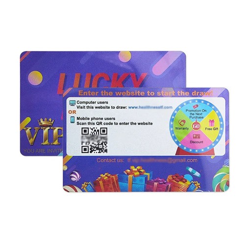 Cartões-presente de plástico PVC CR80 com impressão personalizada, cartão de fidelidade, cartão promocional para membros com raspadinha