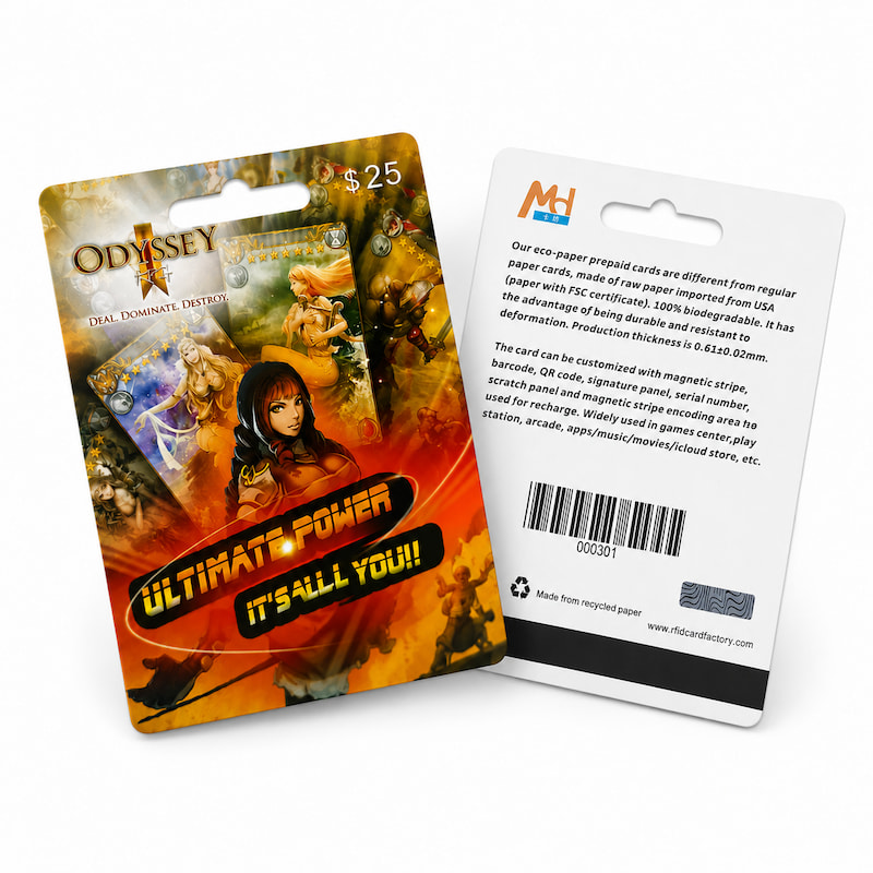 Custom prepaid game cards with barcode and scratch-off PIN panel for game top-up
