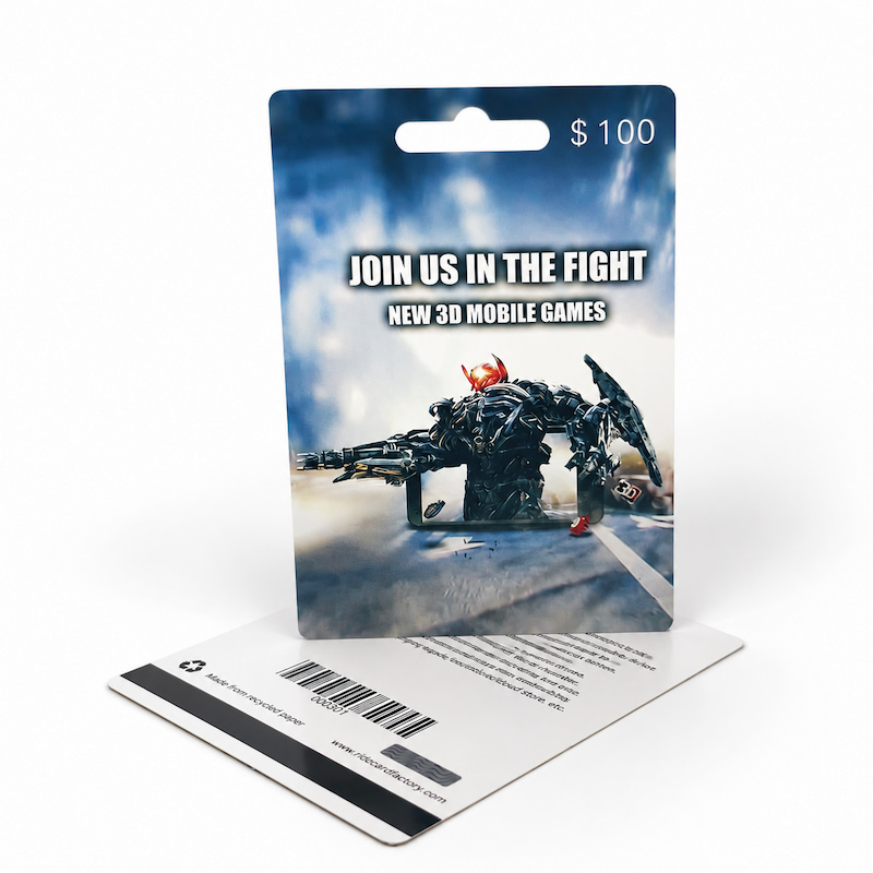 Custom printed prepaid game card with colorful gaming artwork and hanging hole