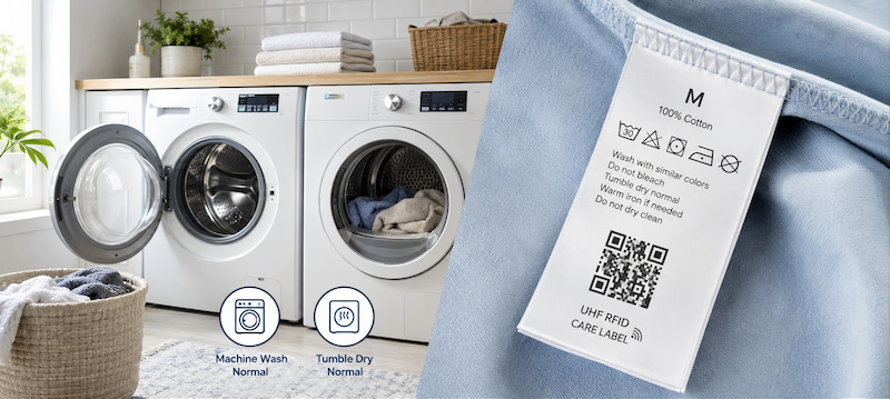 Garment with UHF RFID care label in normal washing and drying conditions Garment with UHF RFID care label in normal washing and drying conditions