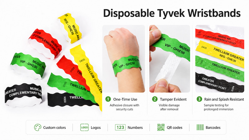 Custom printed Tyvek wristbands with QR codes barcodes and sequential numbers