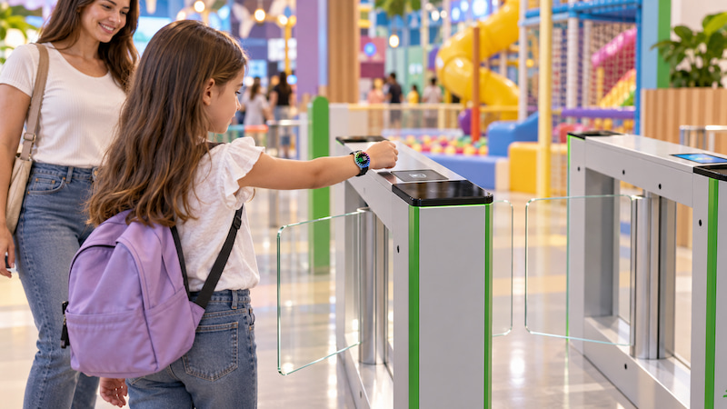 Visitor scanning an MH-CR03 RFID countdown wristband at an opening access control turnstile in an indoor amusement park