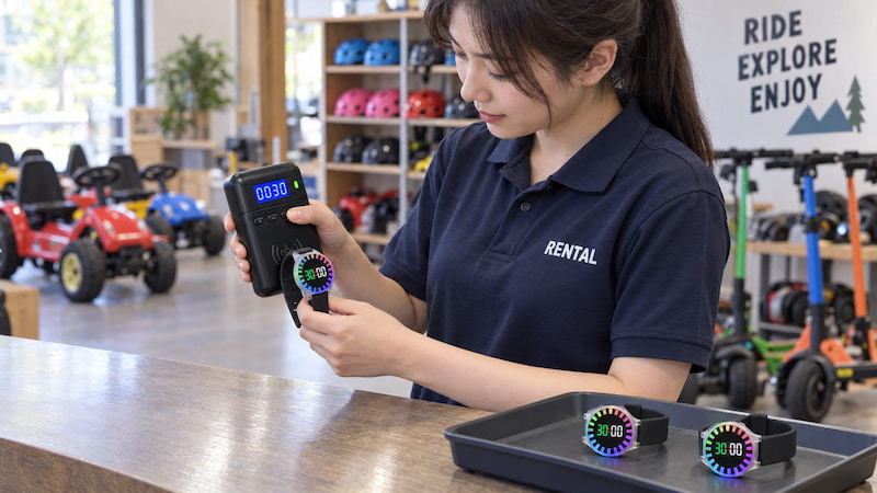 Rental staff setting an MH-CR03 countdown wristband with a handheld Timer Setter before issuing it to a customer Rental staff setting an MH-CR03 countdown wristband with a handheld Timer Setter before issuing it to a customer