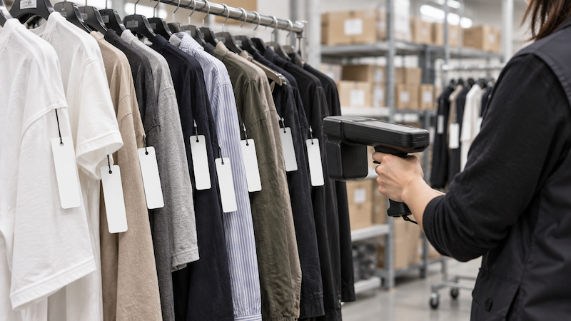 Staff using a UHF RFID handheld reader to count garments with paper RFID hang tags