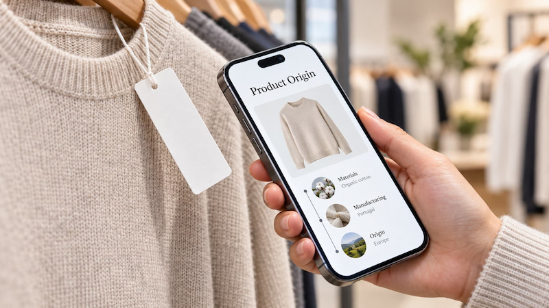 Customer tapping an NFC paper clothing hang tag to view product origin information on a smartphone
