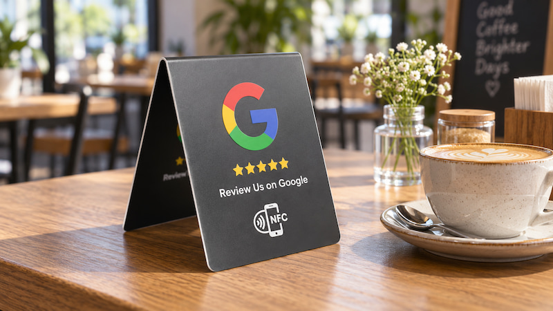 Black double-sided PVC NFC table tent for Google reviews displayed on a café table beside a cup of coffee Black double-sided PVC NFC table tent for Google reviews displayed on a café table beside a cup of coffee