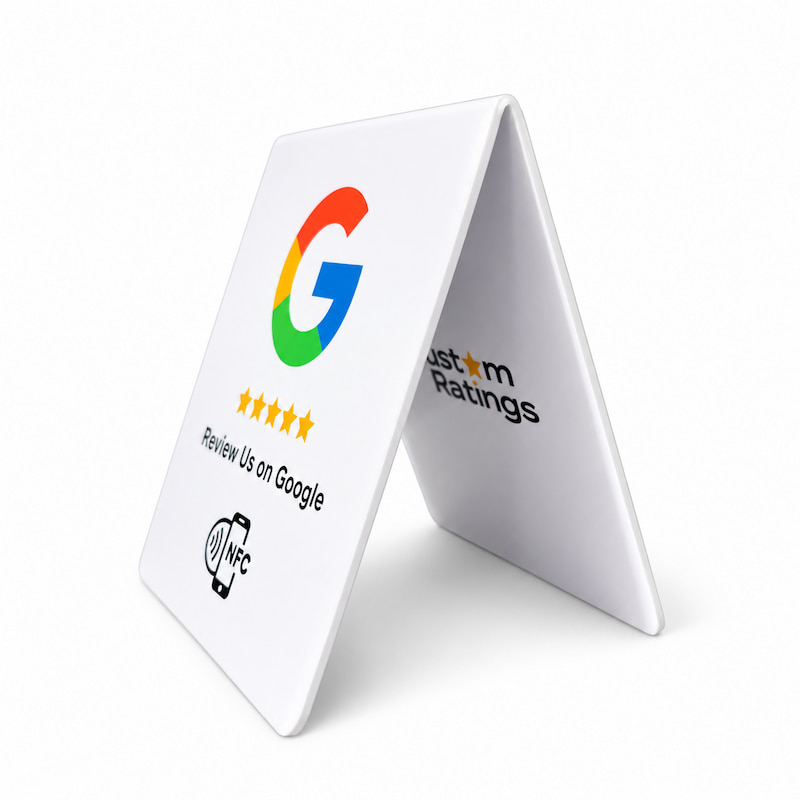 Side view of a white double-sided PVC NFC table tent