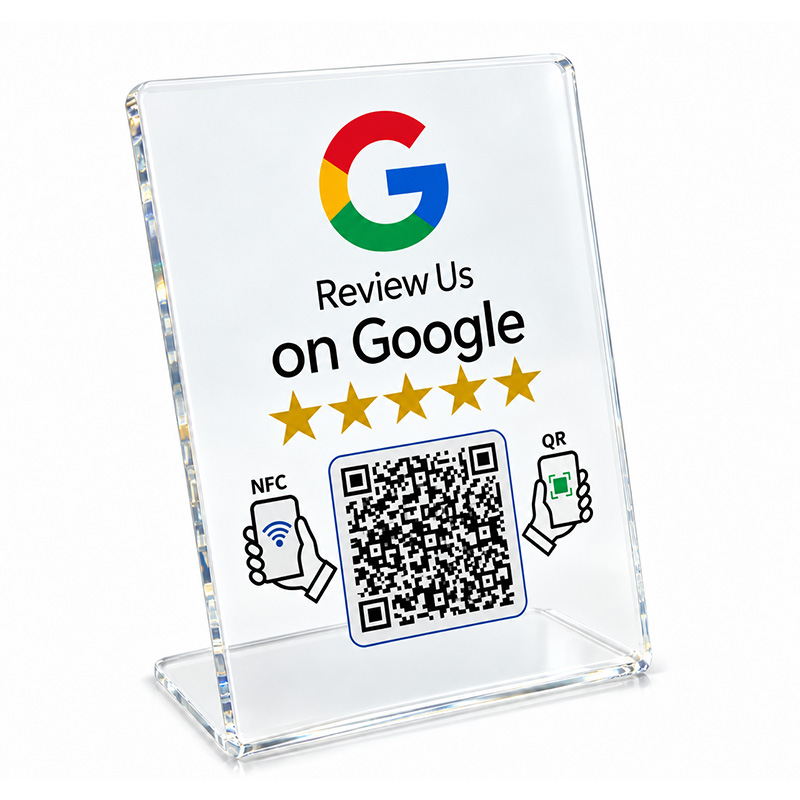 Transparent acrylic NFC review stand with custom size and QR code