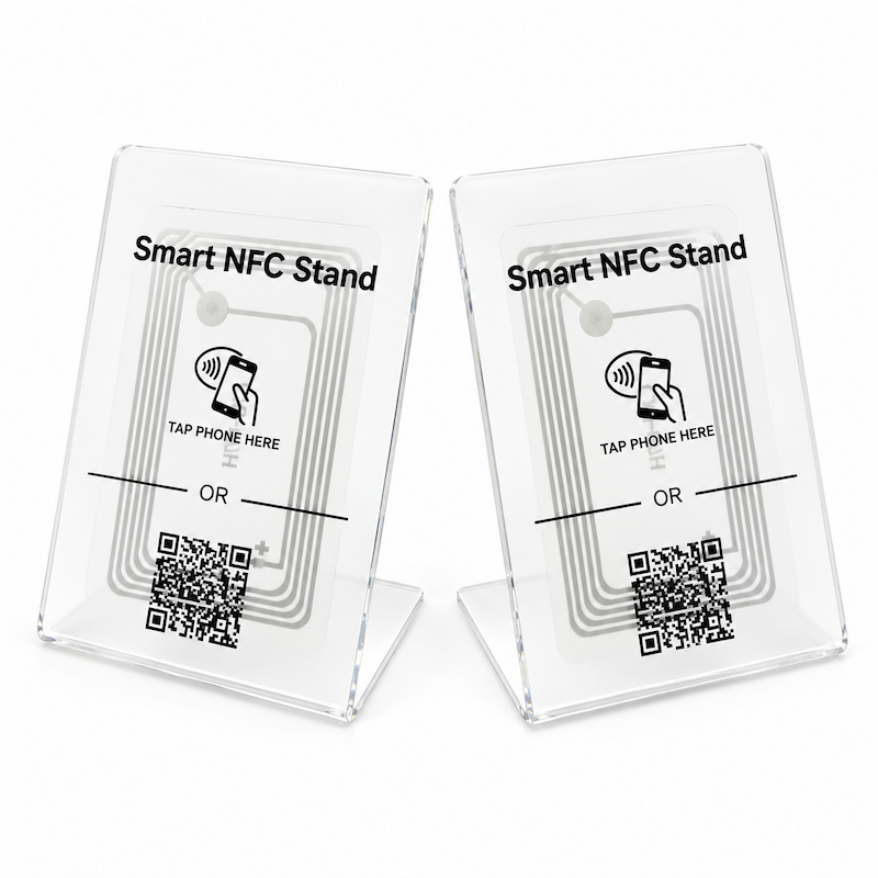 Smart NFC acrylic stand with QR code for tap or scan interaction