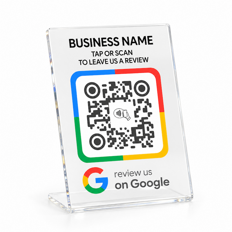 Custom transparent acrylic NFC Google review stand with QR code