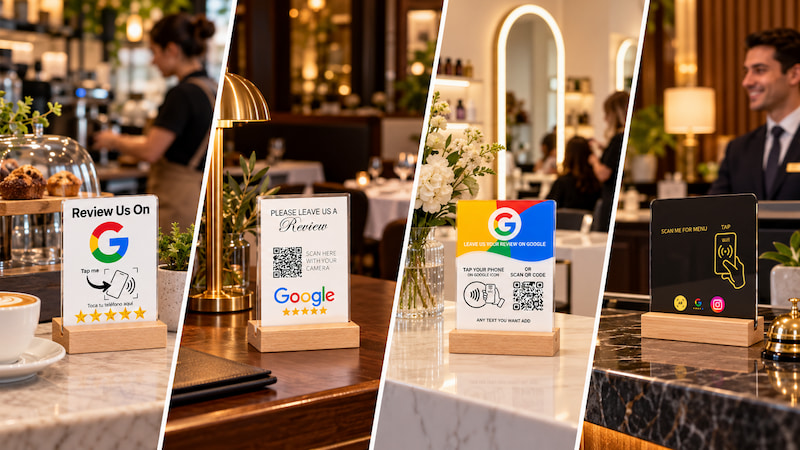 NFC Google review card showing tap with NFC or scan QR code NFC Google review card showing tap with NFC or scan QR code