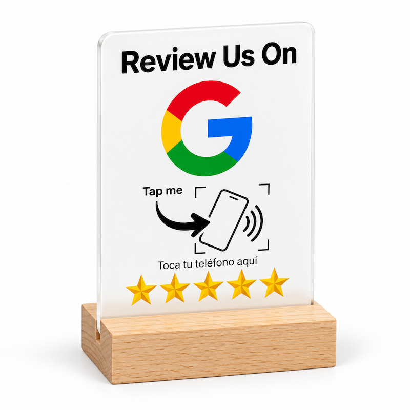 Custom NFC Google review card with wooden base