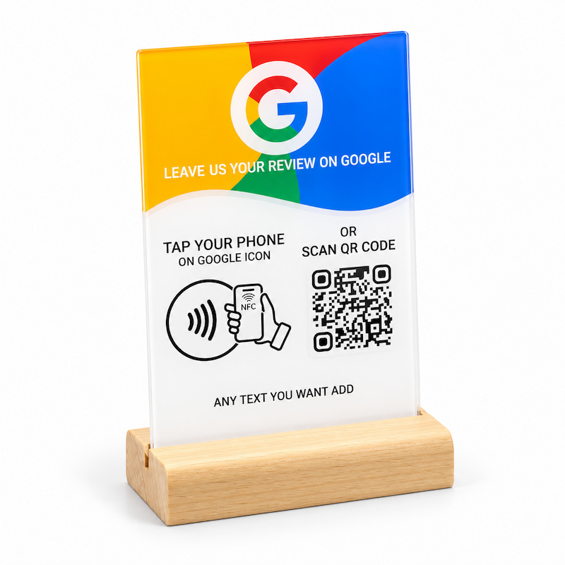 Custom acrylic Google review card with NFC and QR code wooden base