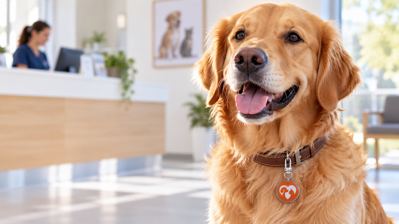 Orange waterproof NFC epoxy pet tag attached to a dog collar Orange waterproof NFC epoxy pet tag attached to a dog collar