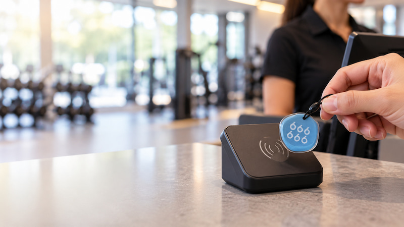 Blue RFID epoxy key tag used with a gym membership reader Blue RFID epoxy key tag used with a gym membership reader
