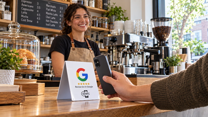 Customer tapping a smartphone on an NFC Google review stand at a café counter Customer tapping a smartphone on an NFC Google review stand at a café counter