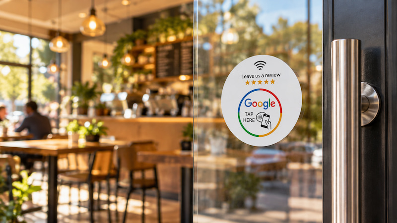 Double-sided NFC Google review sticker on a café glass door Double-sided NFC Google review sticker on a café glass door
