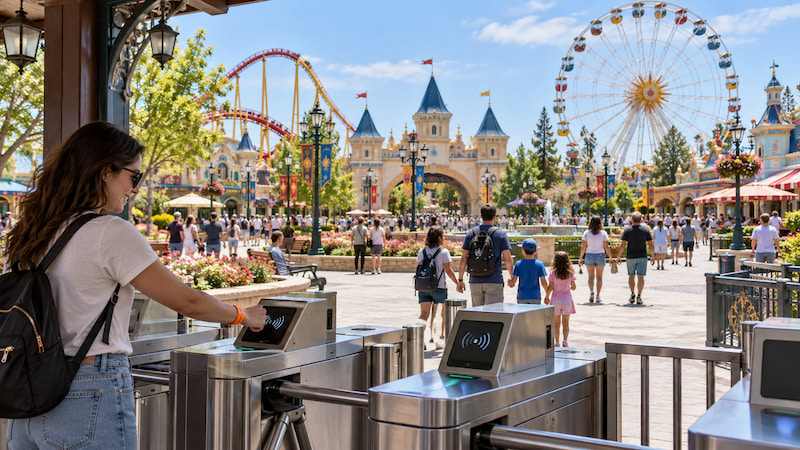 Visitor tapping an RFID wristband at an amusement park entrance turnstile Visitor tapping an RFID wristband at an amusement park entrance turnstile