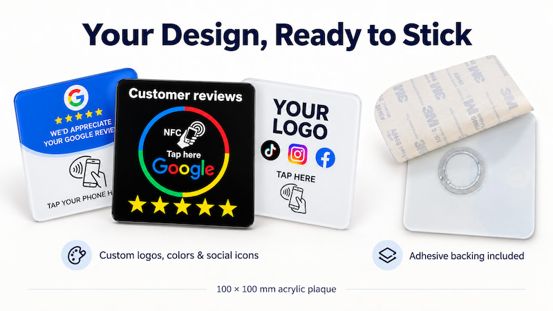 Custom acrylic table plaques with logo and social media printing, adhesive backing, and an embedded NFC antenna Custom acrylic table plaques with logo and social media printing, adhesive backing, and an embedded NFC antenna