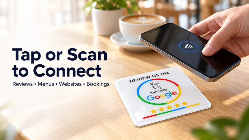 Smartphone tapping a self-adhesive acrylic NFC Google review plaque on a café table Smartphone tapping a self-adhesive acrylic NFC Google review plaque on a café table