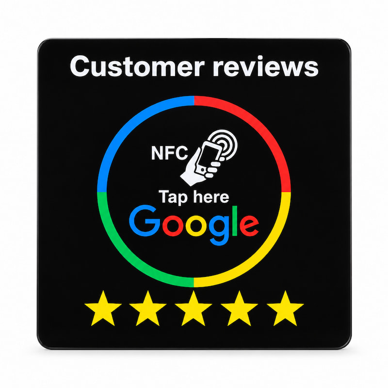 Black 100 × 100 mm acrylic NFC Google review table plaque with five yellow stars