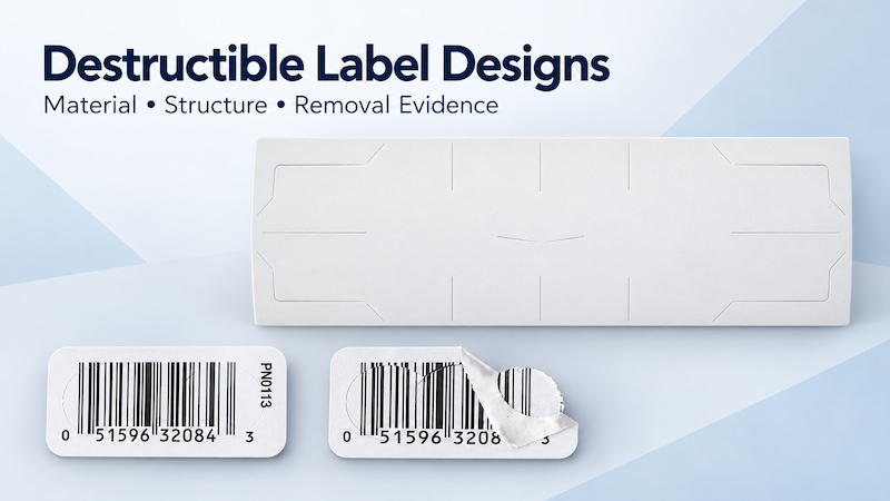 Destructible security labels showing security cuts and intact versus peeled barcode labels Destructible security labels showing security cuts and intact versus peeled barcode labels