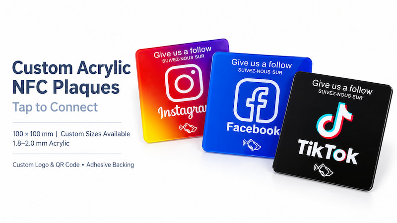 Custom acrylic NFC social media plaques with Instagram, Facebook and TikTok designs Custom acrylic NFC social media plaques with Instagram, Facebook and TikTok designs