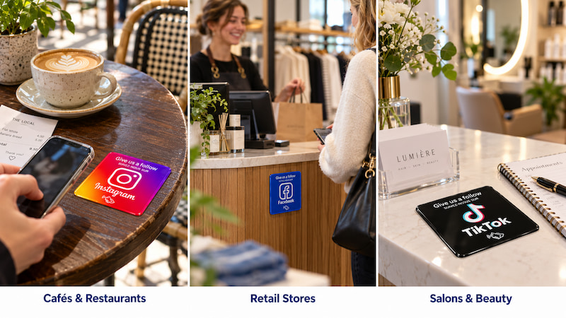 Self-adhesive acrylic NFC plaques on café tables, retail counters and salon reception desks Self-adhesive acrylic NFC plaques on café tables, retail counters and salon reception desks