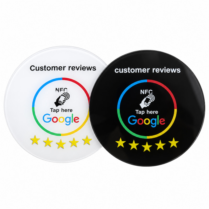Black and white round acrylic NFC Google review plaques with custom printing