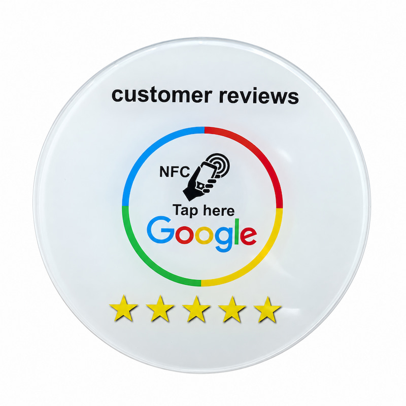 White round self-adhesive acrylic NFC Google review plaque